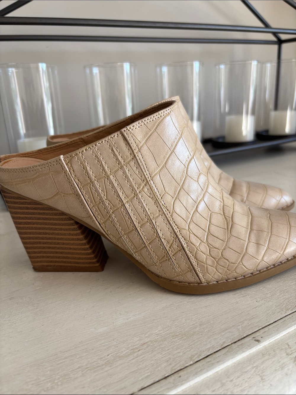 Beige Croc-Embossed Leather Mule Heels